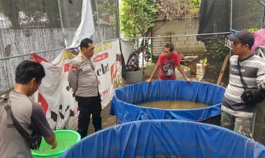 Bhabinkamtibmas-Tinjau-Lokasi-Ketahanan-Pangan,-Dukung-Budidaya-Ikan-Lele-di-Sawotratap